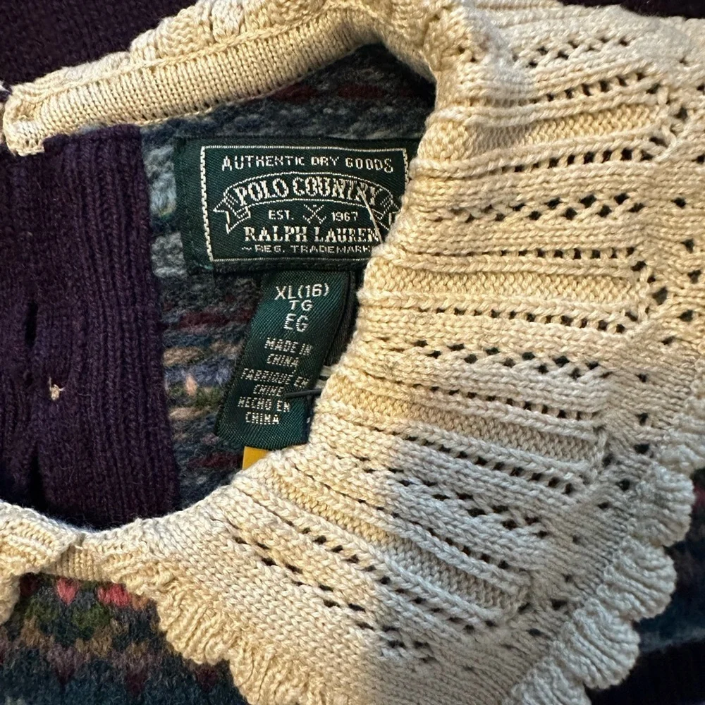 Ralph Lauren Purple Fair Isle Sweater with Cream Lace Collar